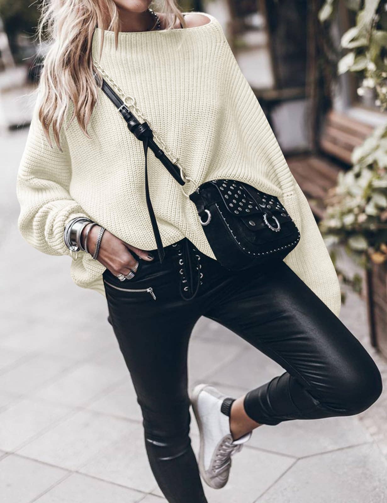 Chicto – Großhandel Strickpullover – Damen – Damen Oversized Pullover Fledermausärmel Stehkragen Jumper Oberteile30