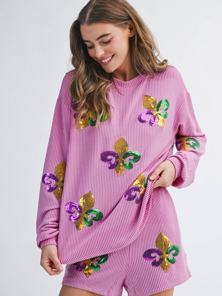 Sequin Mardi Gras Graphic Corded Pajamas Set | S-2XL for wholesale by Aapparella