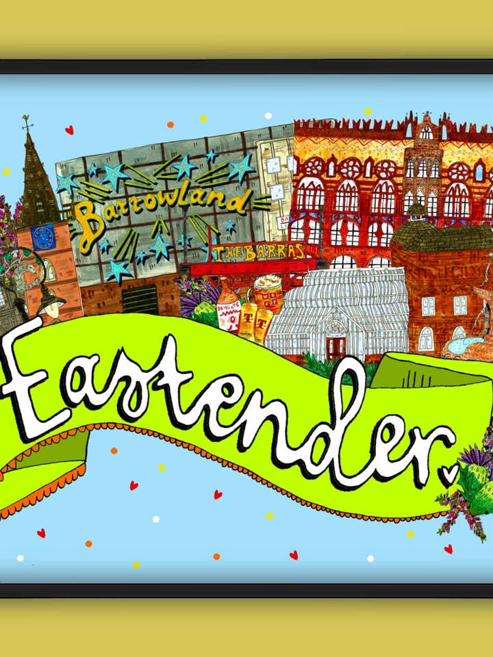 Stampa artistica Eastender, East End of Glasgow Landmarks Illustration Print per la vendita all'ingrosso da parte di Claire Barclay Draws