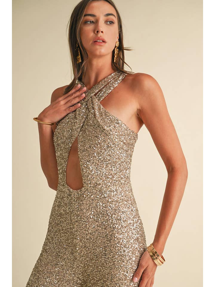 LR1451 Gold Sequin Criss-Cross Jumpsuit for wholesale on Faire4