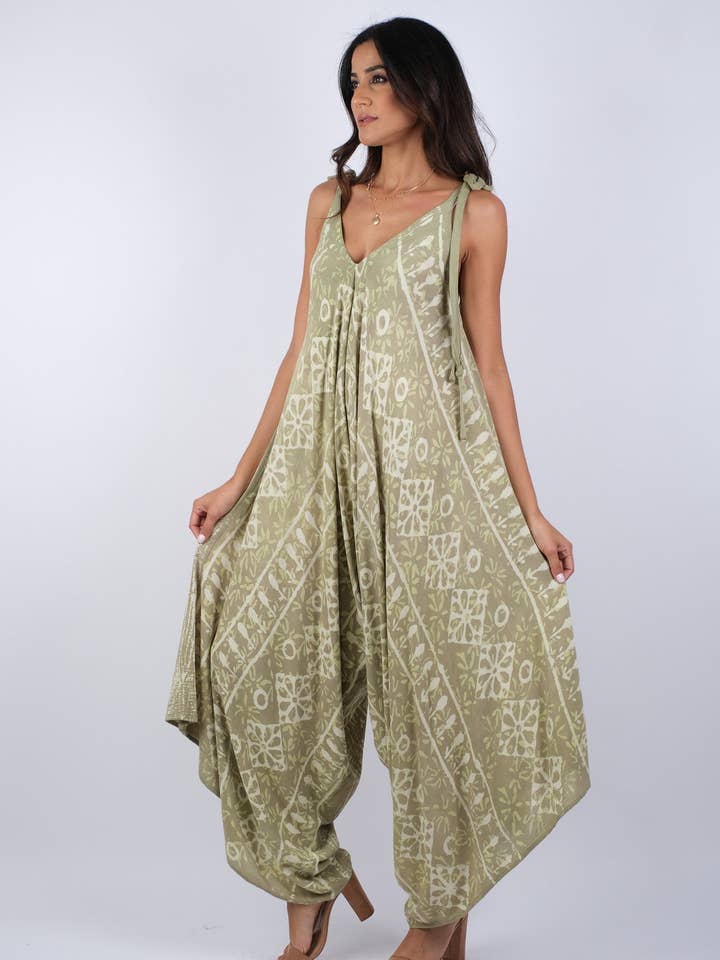 Olive Tie-Dye Blockprint Romper for wholesale by Sacred Threads