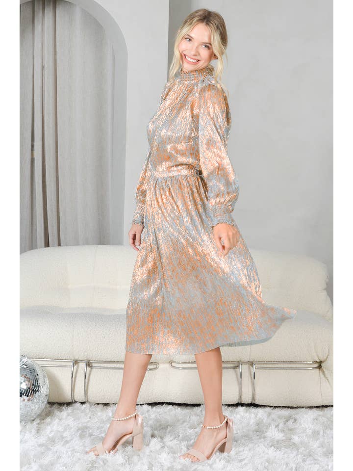 Rose Gold Metallic Pleated Chiffon Sparkly Midi Skirt Elastic Waist for wholesale on Faire