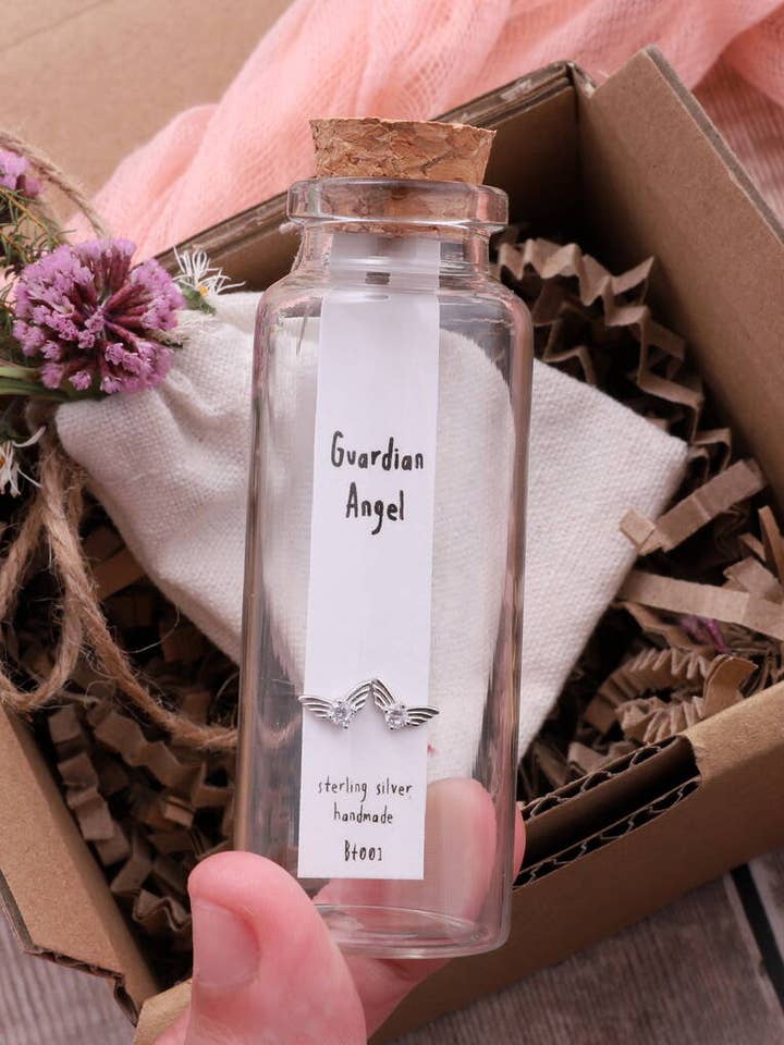 BT001 Message Bottle Sterling Silver Earrings Guardian Angel for wholesale by Attic creations