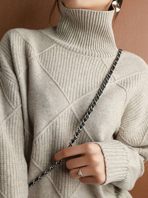 ShieldChic - Wholesale Knit Sweater - Women's - Loose Jacquard Solid Color High-Neck Sweater Tops10