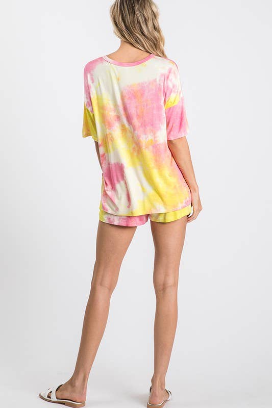 Yellow Pink Tie-Dye High-Waisted Lounge Shorts, WP9465 for wholesale on Faire6