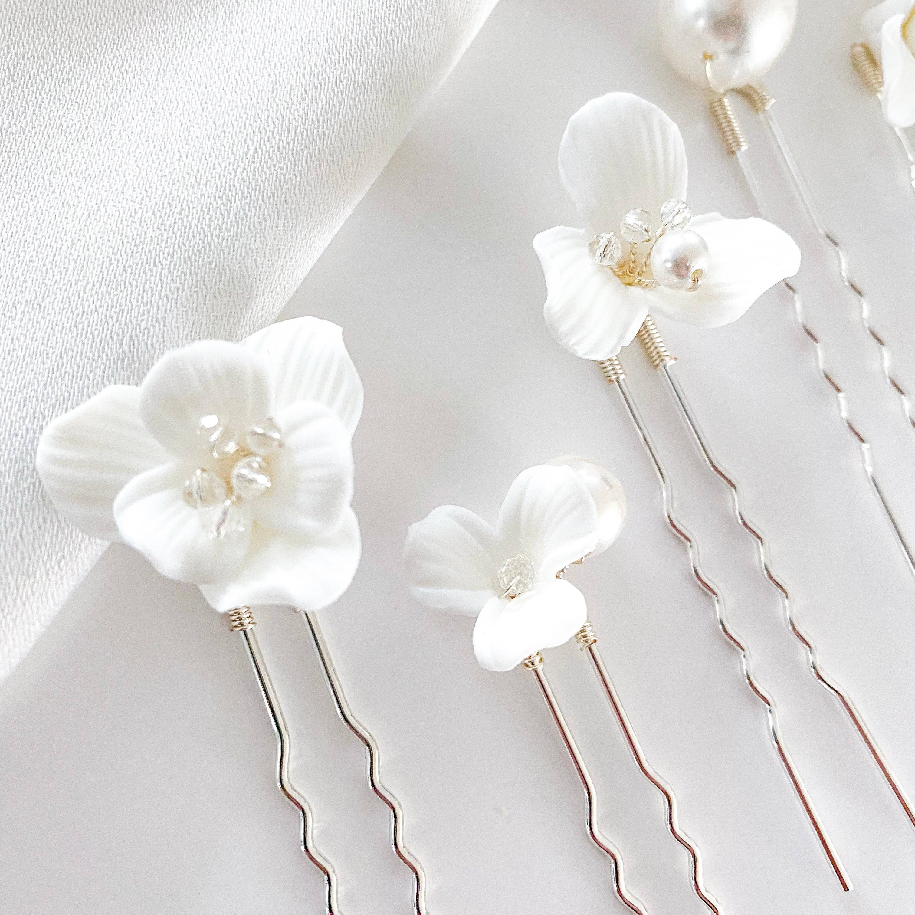 Nicholls Jewellery - Wholesale Hair Pin - Porcelain Flower and Pearl 6 pin set1