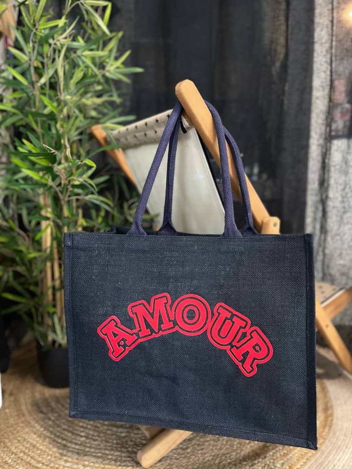 “Amour” Large Marine Jute Tote for wholesale by Toiles Chics