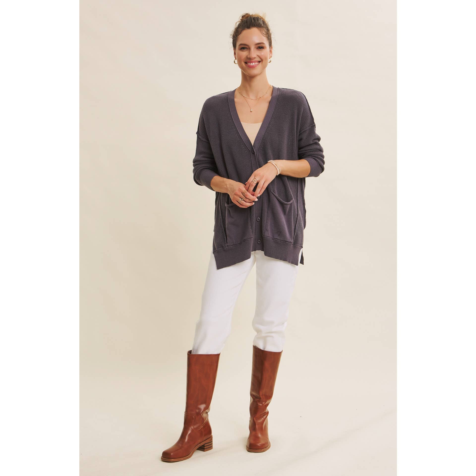 in february - Wholesale Cardigan - Women's - SLOUCHY CHARM BUTTON-DOWN CARDIGAN WITH CONTRAST WEAVE4