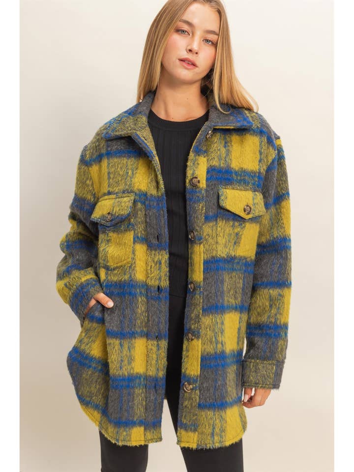 Fuzzy Mohair-Like Plaid Shacket for wholesale by HYFVE