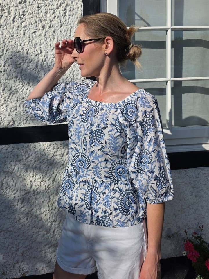Organic Cotton Block Printed Puff Sleeve Top for wholesale by Jenerous