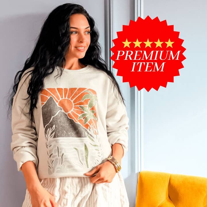 5 STAR! Neutral Island Scene Sweatshirt - Dust for wholesale by Mountain Moverz