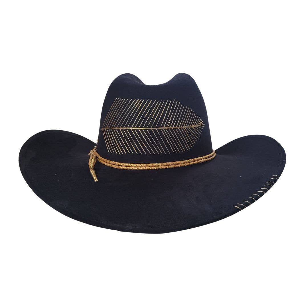 PETRA SAVAGE - Wholesale Cowboy Hat - Women's - Kylin Black Suede Cowboy Hat with Gold Feather Embroidery4