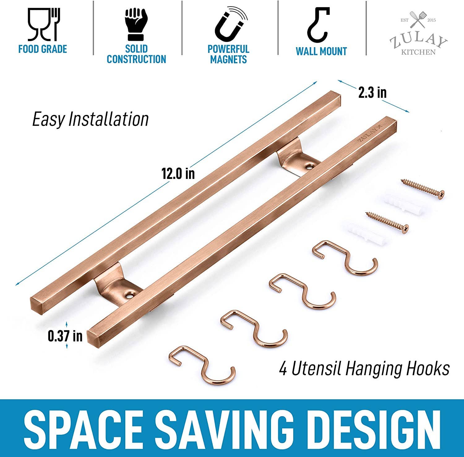 Zulay Kitchen – wholesale Knife storage – Stainless Steel Knife Magnetic Strip With Hanging Hooks3