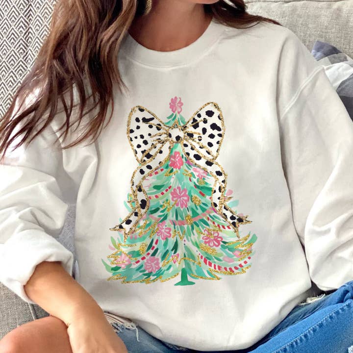 Par.tees by Party On! – Camisola gráfica - Unissexo por atacado – Sweatshirt Gráfico Coquette de Árvore de Natal com Laço de Bolinhas