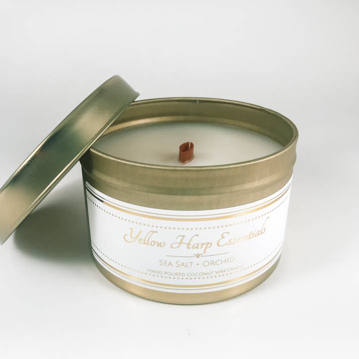 Gold Tin Sea Salt + Orchid for wholesale by Yellow Harp Essentials