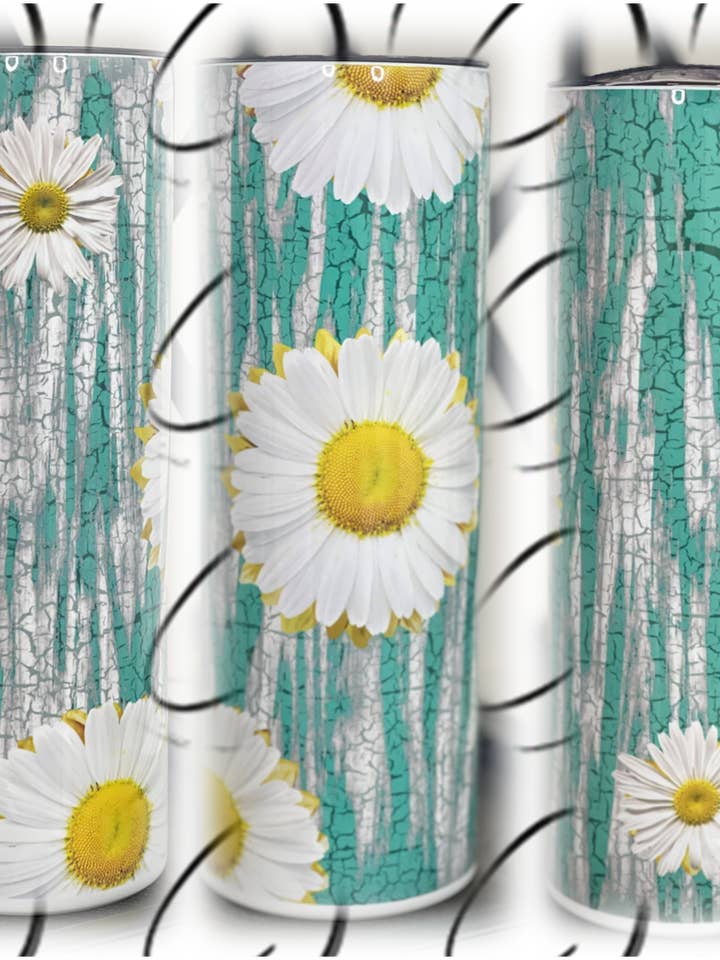 Teal Crackle Daisies 20oz Skinny Tumbler for wholesale by CMD Wholesale