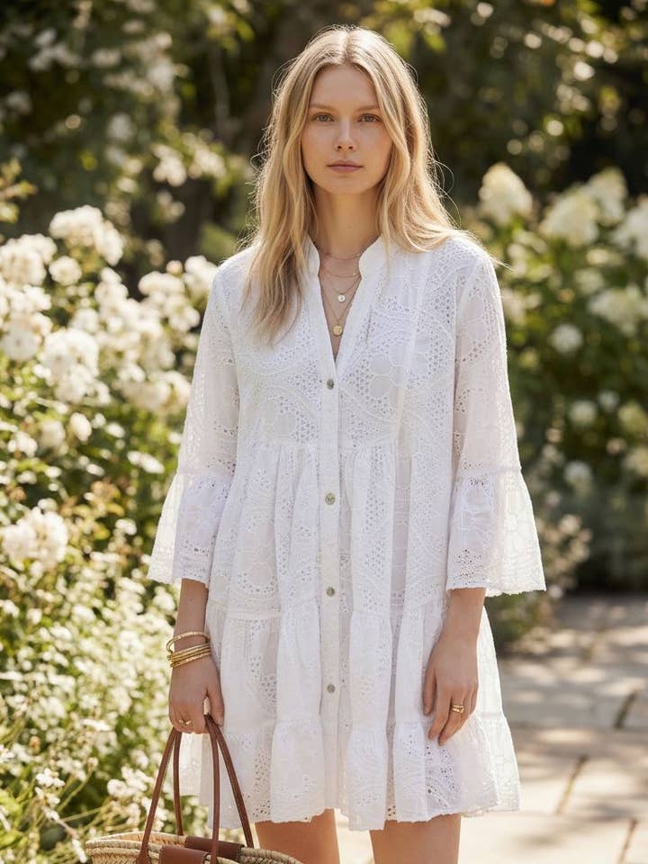 Vestido curto em bordado inglês 9802SA-7555 por atacado de NOELINE