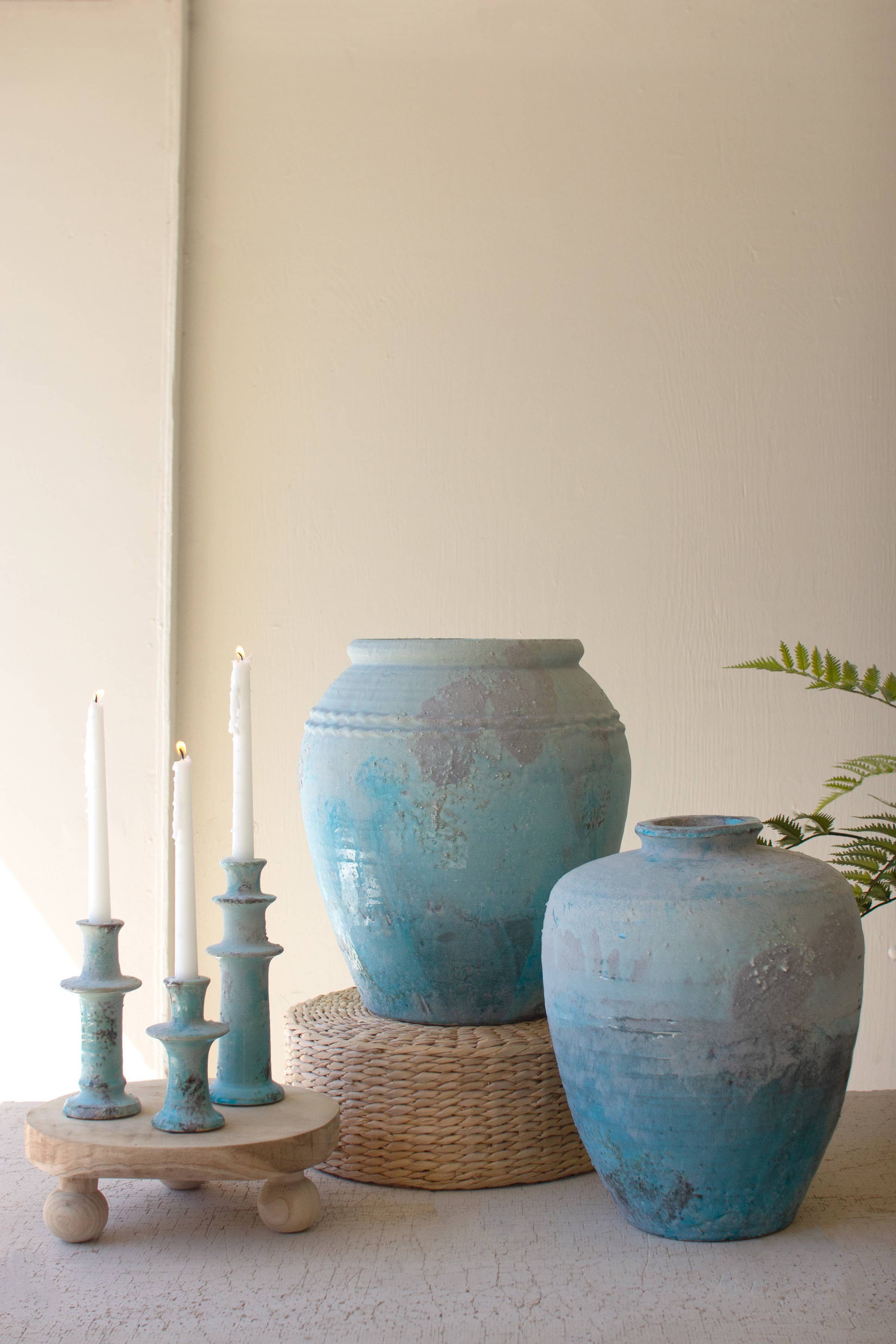 SET OF THREE ANTIQUE BLUE CERAMIC TAPER CANDLE HOLDERS for wholesale on Faire1