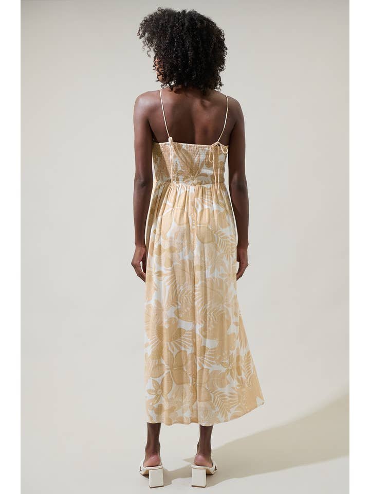 OATMEAL WHITE Geneva Floral Tell Smocked Midi Dress for wholesale on Faire
