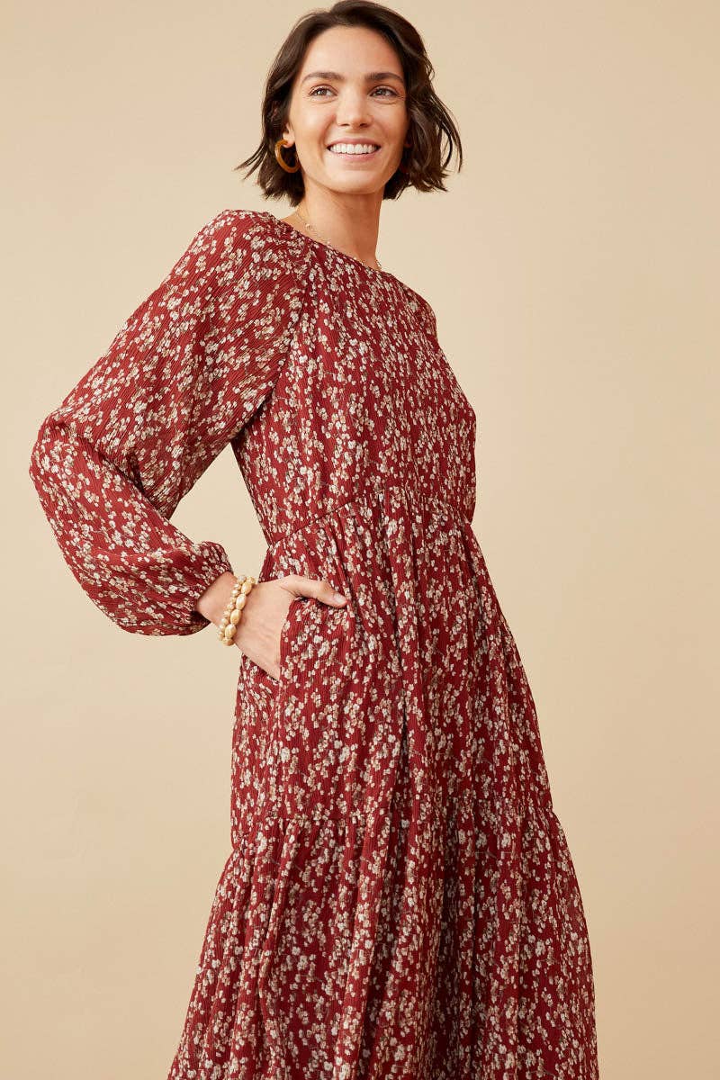 Borgoña Vestido escalonado de manga larga con estampado floral texturizado para mujer de venta al por mayor en Faire2