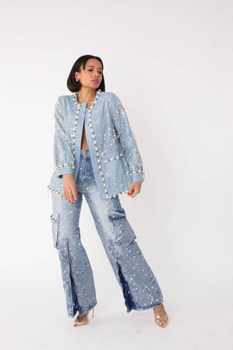 DENIM Blå denimjacka med paljetter och pärlor– 82384 för wholesale på Faire2