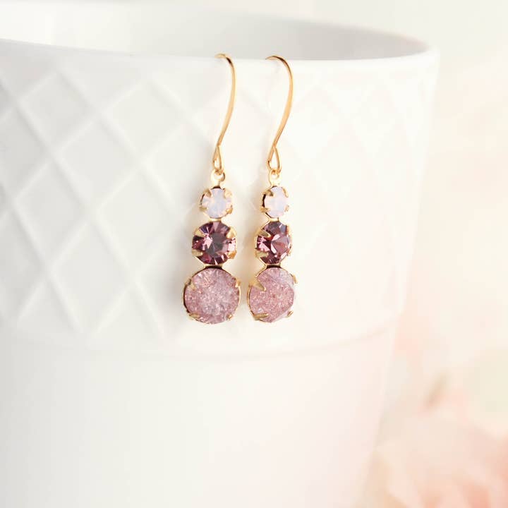 A Pocket of Posies - Wholesale Dangle Earrings - Vintage Glass Earrings - Three Jewel - Dusty Rose Plum