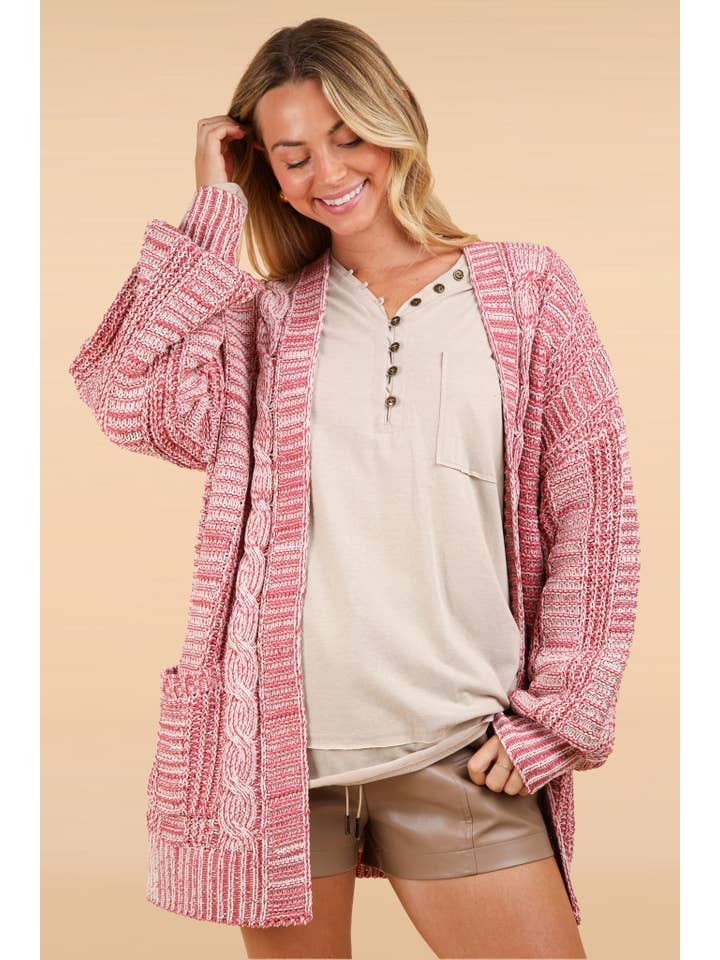 VERY J - Wholesale Cardigan - Women's - 12W3094N-Two Tone Knit Oversized Sweater Cardigan W/ Pockets