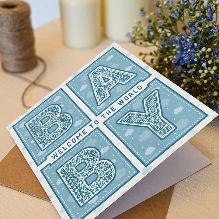 Jess A Little Creative - Wholesale Baby Card - Welcome To The World Baby Blue Typographic New Baby Card