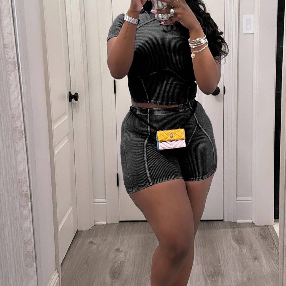 MB Fashion Wholesale - Wholesale Top & Short Set (NOT Loungewear) - Women's - MB FASHION WASHED RIBBED HIGH QUALITY SHORTS 2 PCS SET 4020LY18