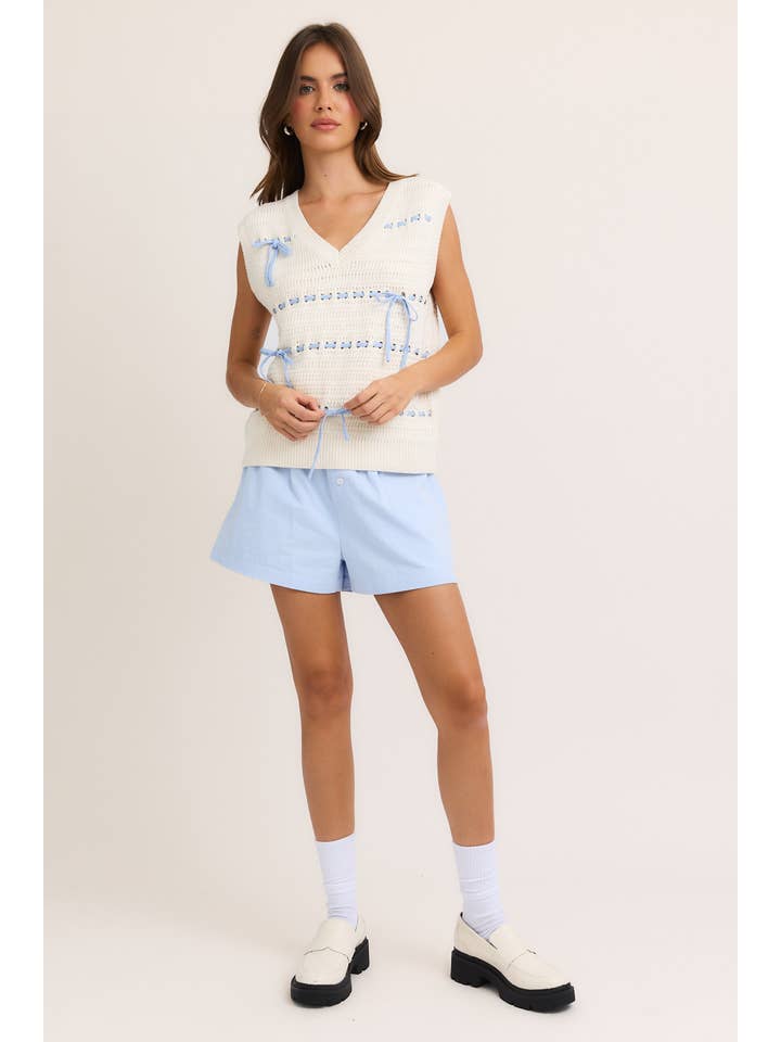 WHITE BABY BLUE BOW DETAIL V-NECK SWEATER VEST TOP for wholesale on Faire