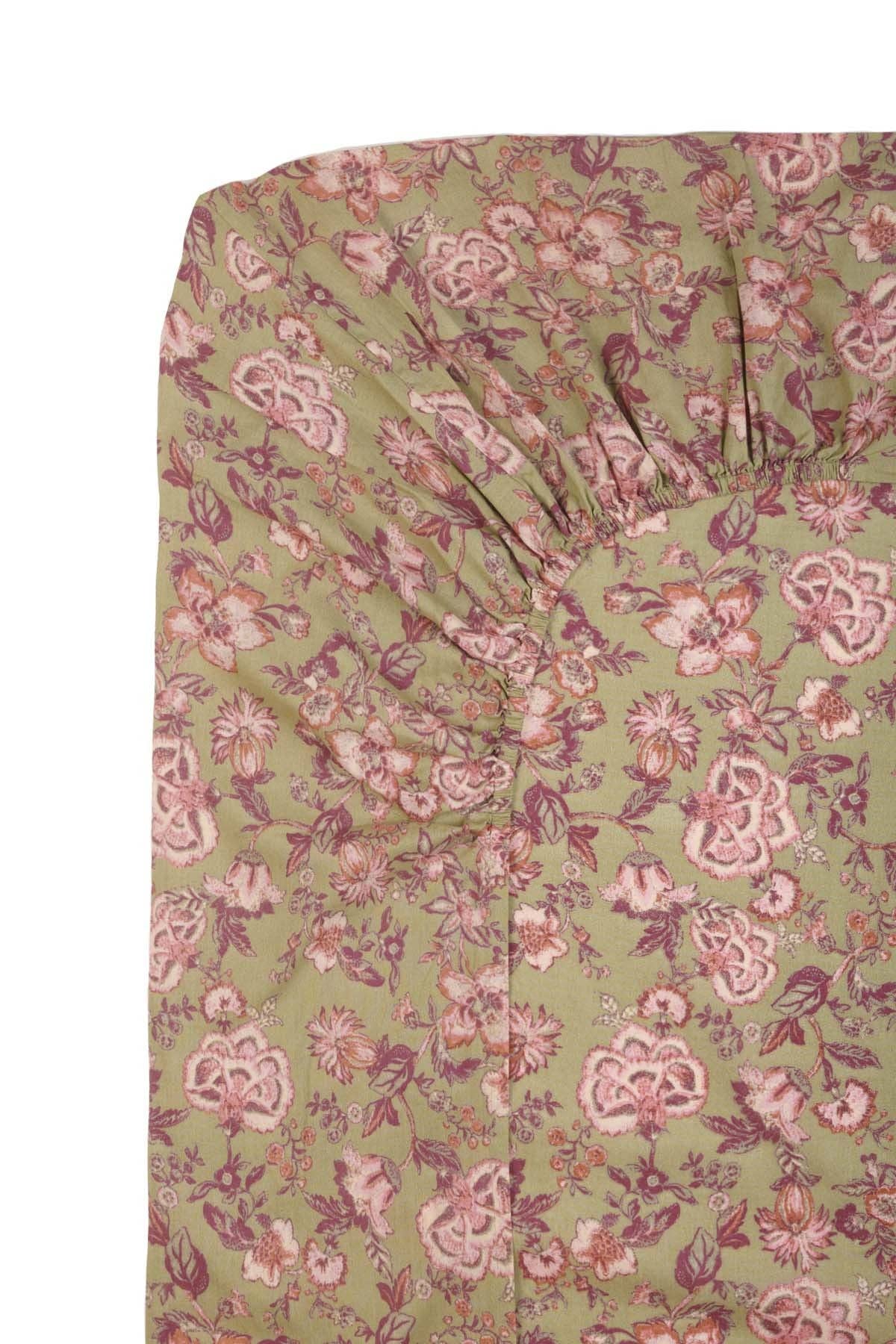 Kaki Tropische Loon Nicole hoeslaken met bloemenpatroon - groen en roze voor groothandel op Faire6