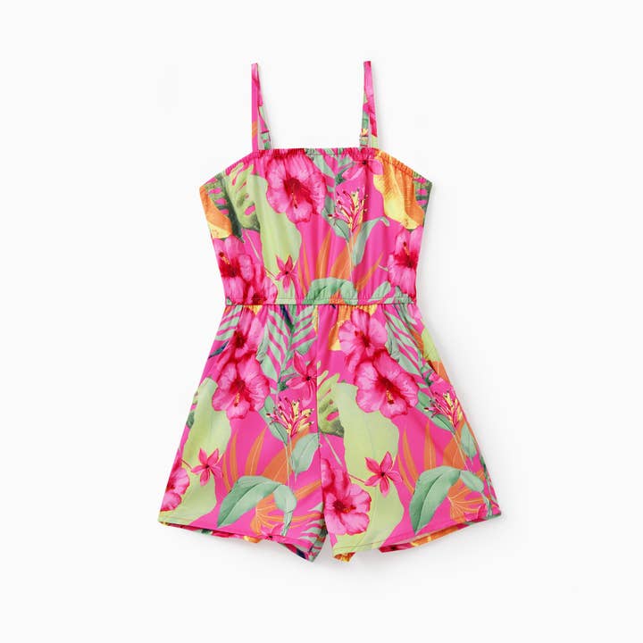 Hot Pink Mommy and Me Matching Rompers Tropical Floral Jumpsuits for wholesale on Faire