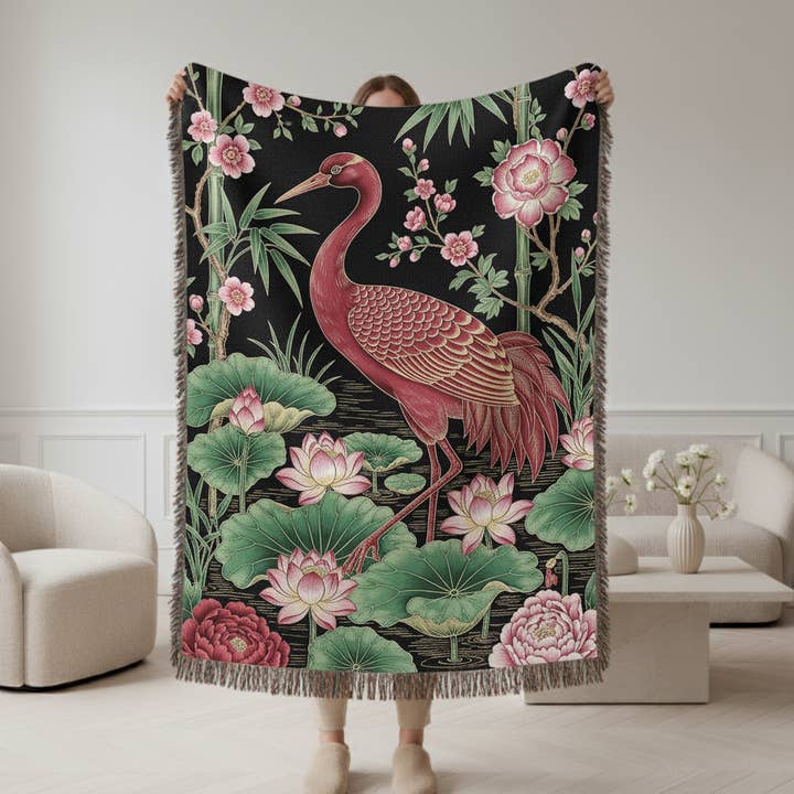 Chinoiserie Trane Blomstret Vævet Tæppe Elegant Asiatisk Kunst for engroshandel hos ZICWA