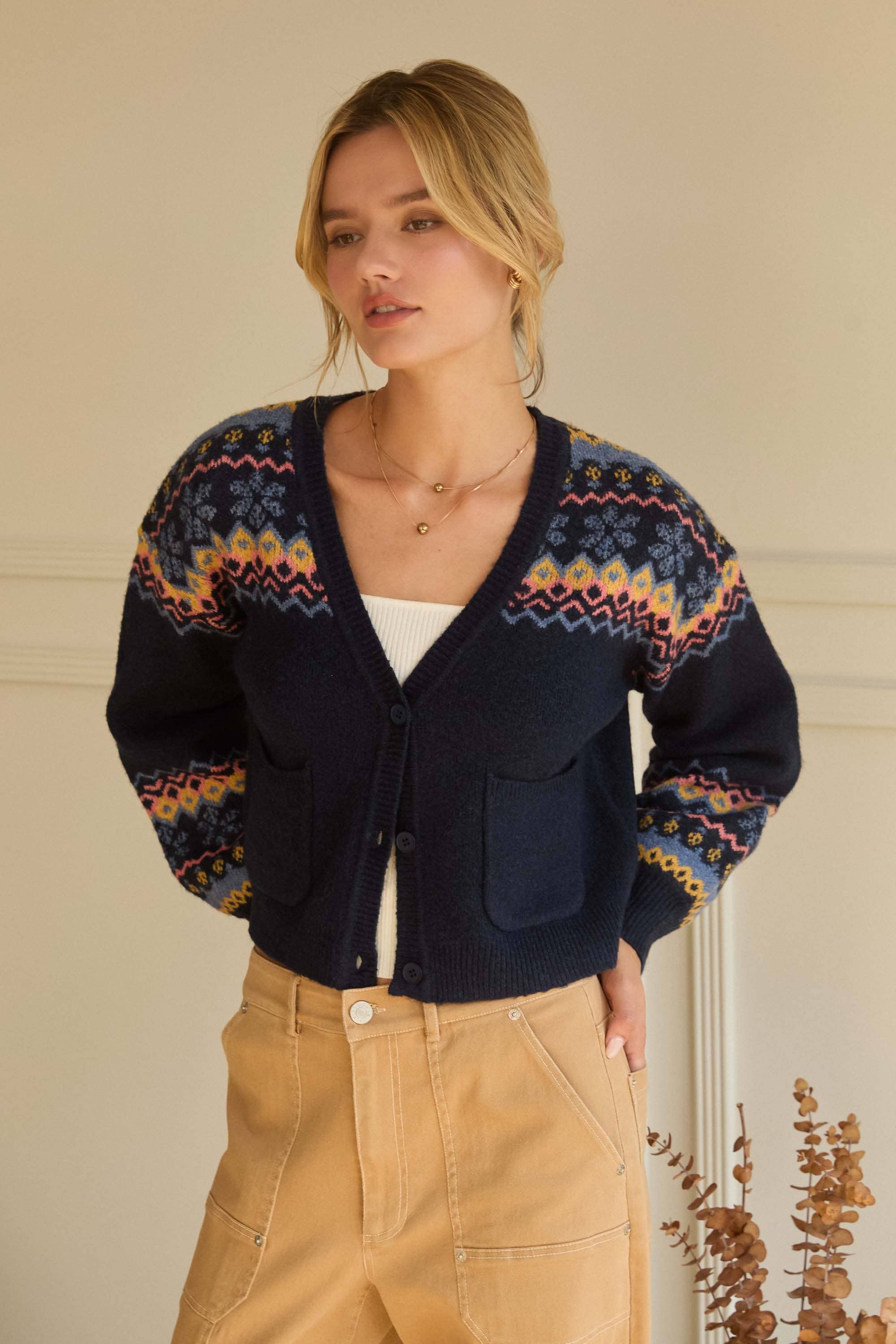 Navy Multi Fair Isle Intarsia Sweater Knit Cardigan for wholesale on Faire2