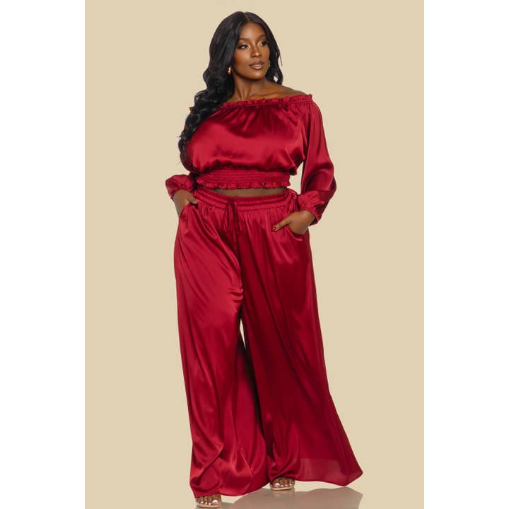 PLUS SOLID SATIN OFF SHOULDER LSV TOP W/PALAZZO PANTS SET for wholesale by The Sang