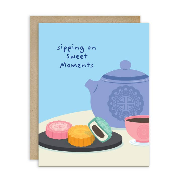 Sipping on Sweet Mid-Autumn Festival Card | Cute Colorful Teapot Mooncakes for wholesale by Cute Asian Cards
