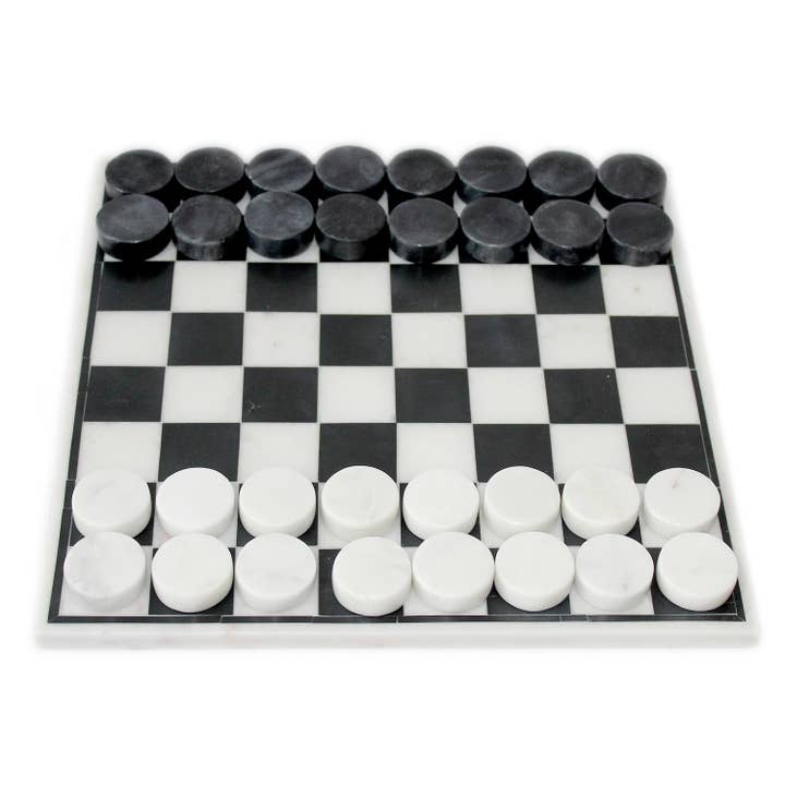 Black Inlaid White Marble Checkers Set for wholesale by BIDKhome