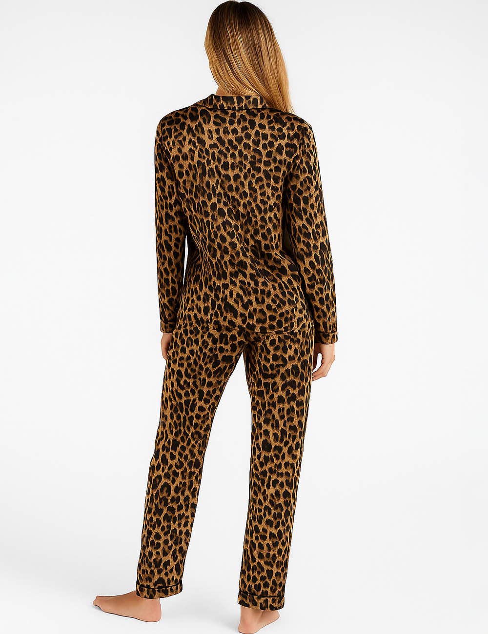 Ladies Satin Leopard Lapel Collar Shirt & Pants Pajama Set for wholesale on Faire2