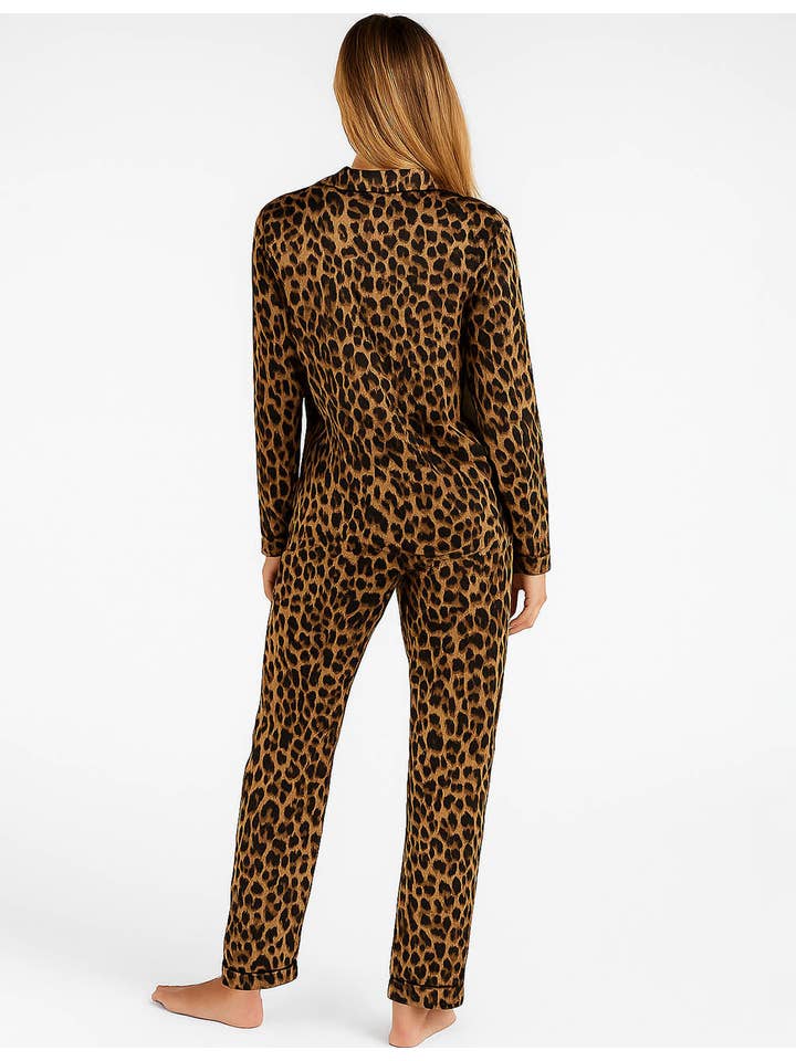 Ladies Satin Leopard Print Lapel Collar Shirt & Pants Lounge Set for wholesale on Faire2