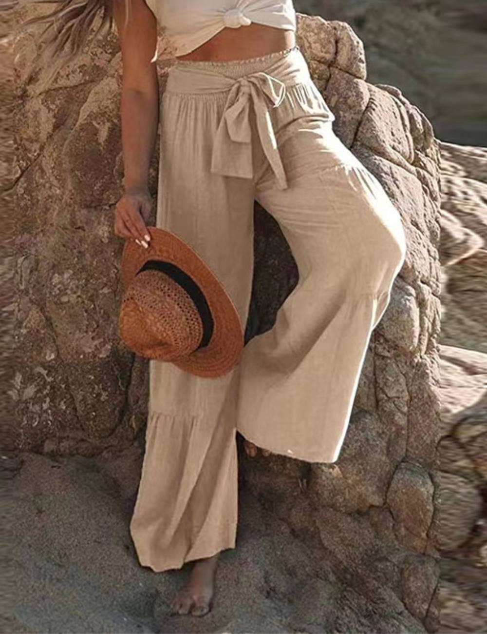 Sweetkama - Wholesale Pants – Women's - Ladies High Waist Fold Wide Leg String Tie Pants SKP5046724