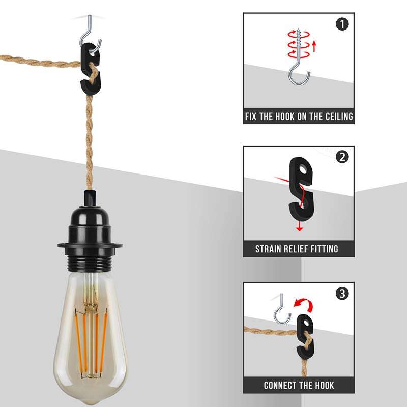 Ledsone - Wholesale Chandelier/Hanging Light - LEDSone Plug-In Hanging Pendant Light with Inline Switch in Black & Hemp~45543