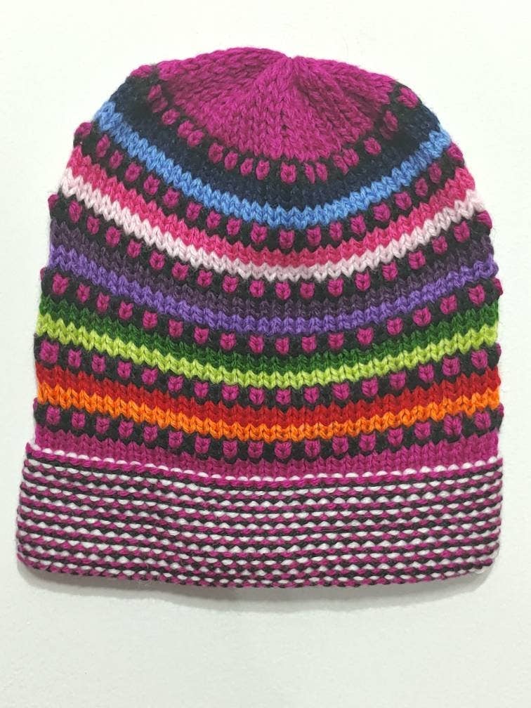 assorted colors unisex Multicolor Hand Knit Alpaca Beanie Hat Cap for wholesale on Faire3