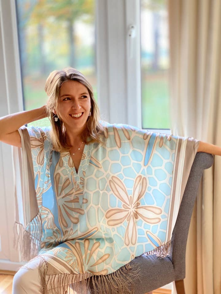 Silk Poncho: SAND DOLLAR - BLUE / TAUPE for wholesale by Lotty B Mustique