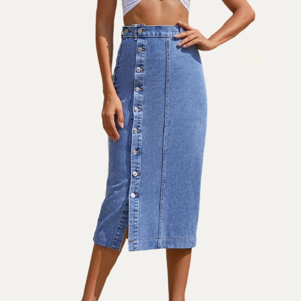 The Moment Collection - Wholesale Skirt - Women's - Always Chic Buttons High-Rise Denim Midi Skirt7
