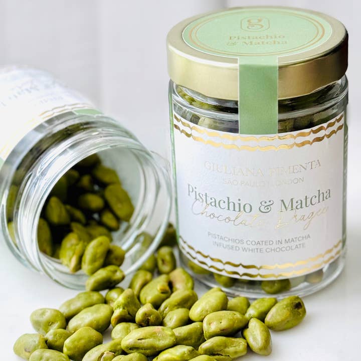 Pistachio & Matcha Chocolate Dragees for wholesale by Giuliana Pimenta