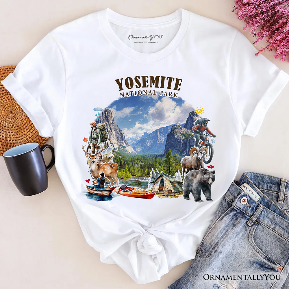 White Artistic Yosemite National Park T-Shirt, California Hikers for wholesale on Faire0