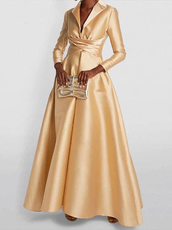 Plush Looks - Wholesale Dress - Women's - A-Line High Waisted Pleated Solid Color V-Neck Maxi Dresses4