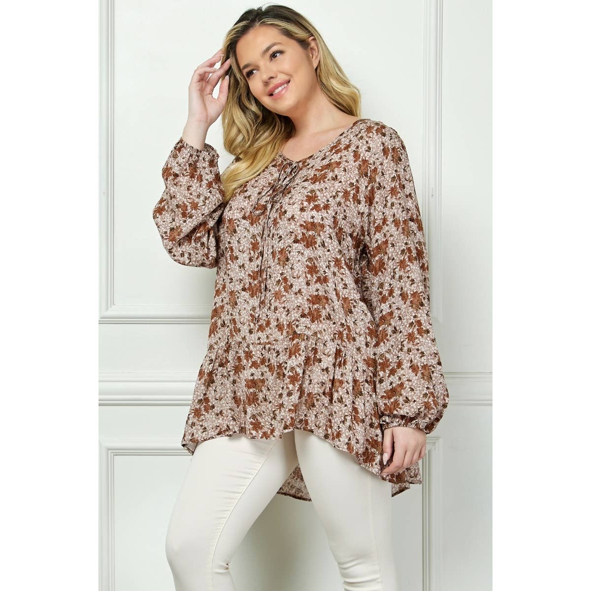Moca Camisola de manga Puff Peplum Plus SizeFloral para venda a revendedores na Faire2