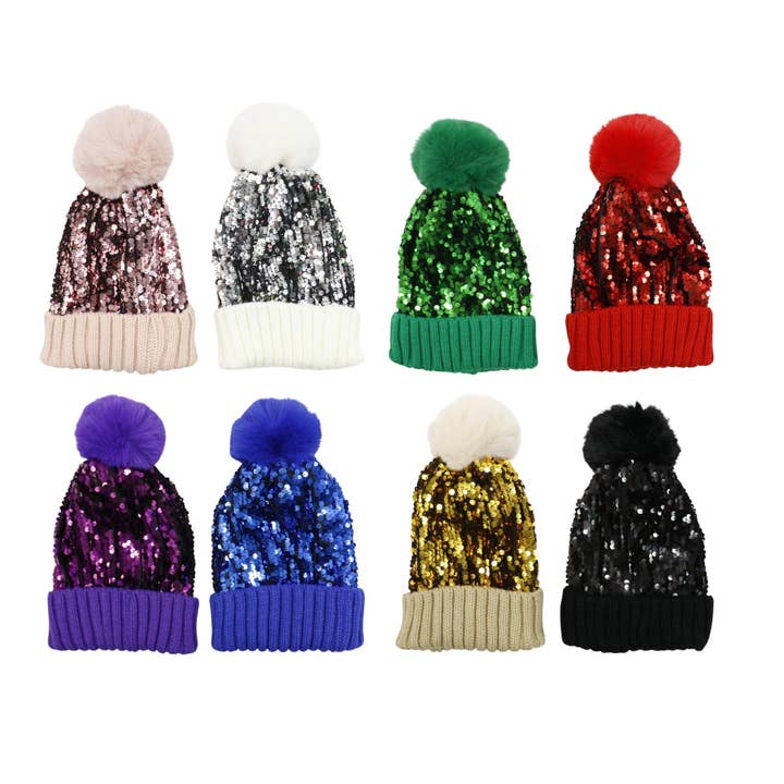 TAPA fashion - Wholesale Beanie – Women's - Pom Pom Sequin Beanie HA3715-1 (3PC)2