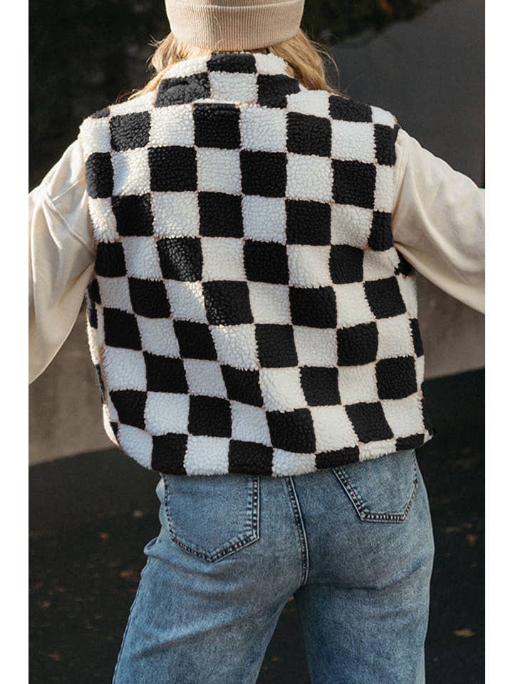 Black Checker Sherpa Zipped Jacket Vest for wholesale on Faire